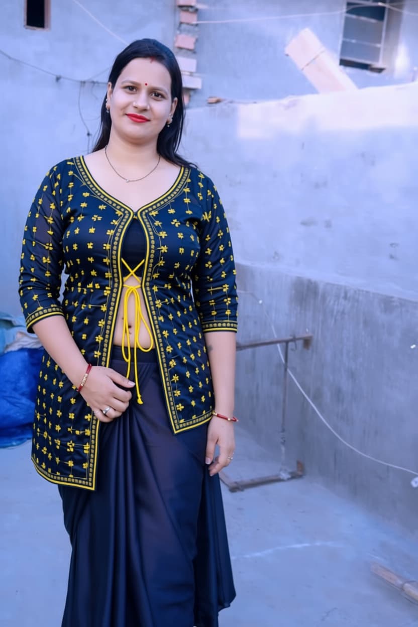 AI generated: Open front line blouse open tie with thin yellow thread and blouse make in dori 