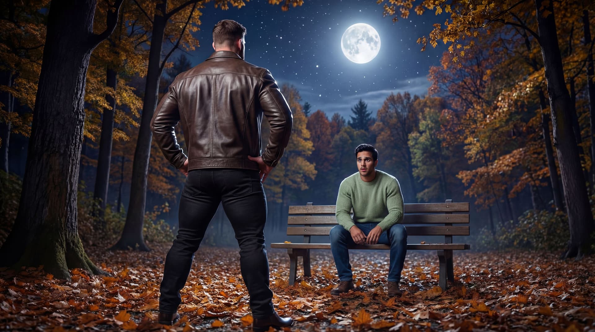 AI generated: make the green sweater a light green sweater. The guy in the brown jacket has black jeans and bigger...