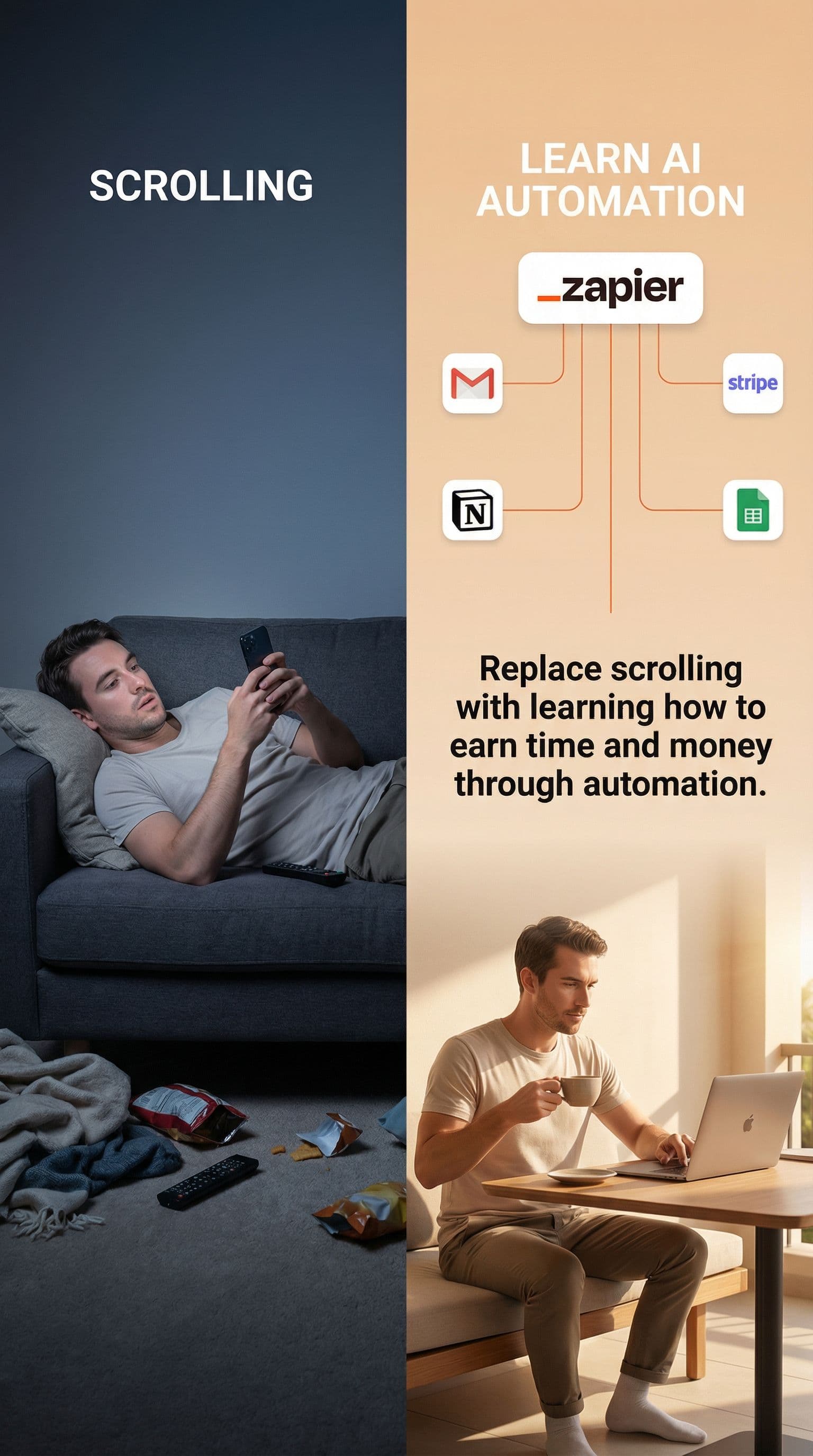 AI generated: Minimal split-screen advertising image with a clean, modern lifestyle aesthetic.
The image is vertic...