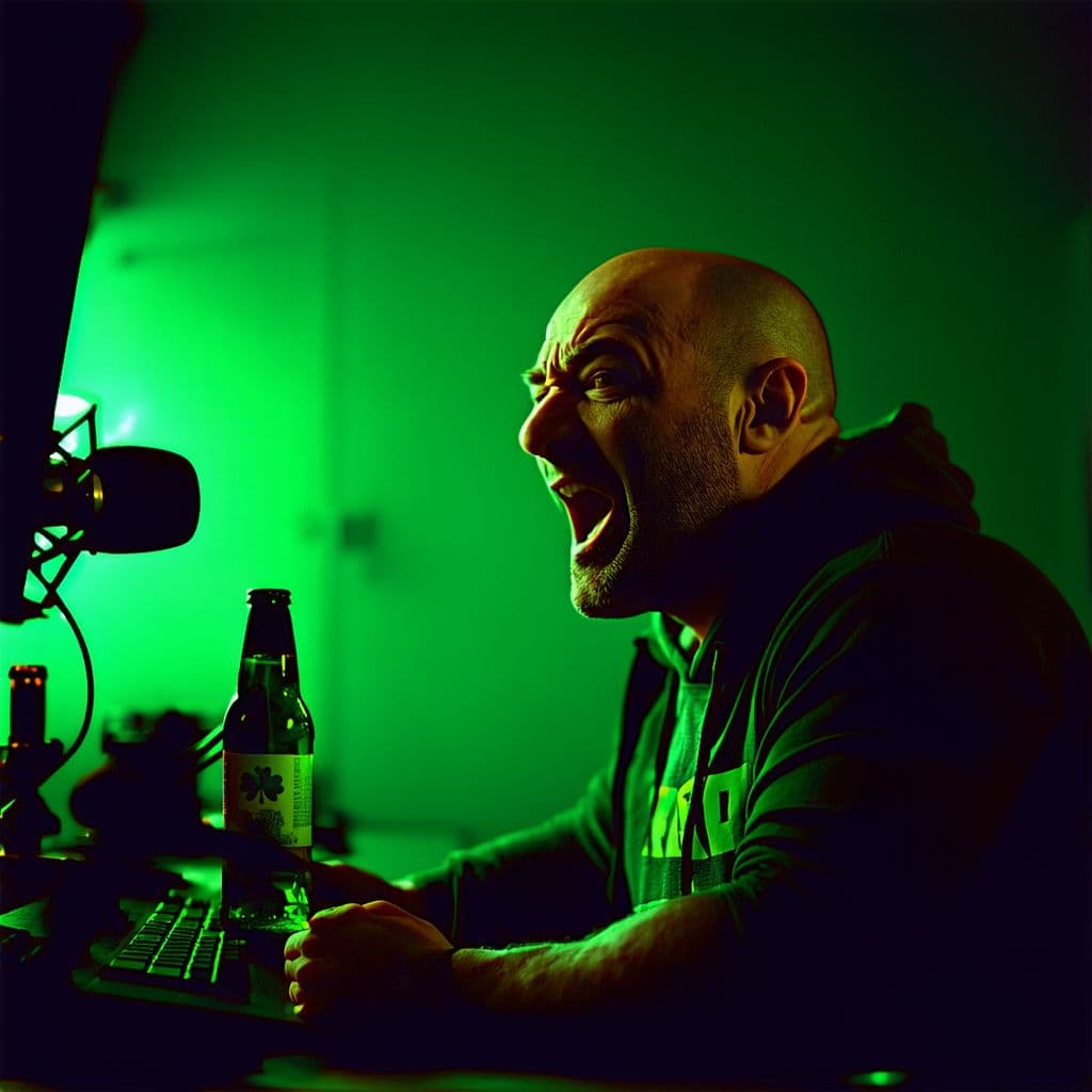 AI generated: Joe Rogan catches a leprechaun breaking onto his set during a podcast and chases after it in a panic...