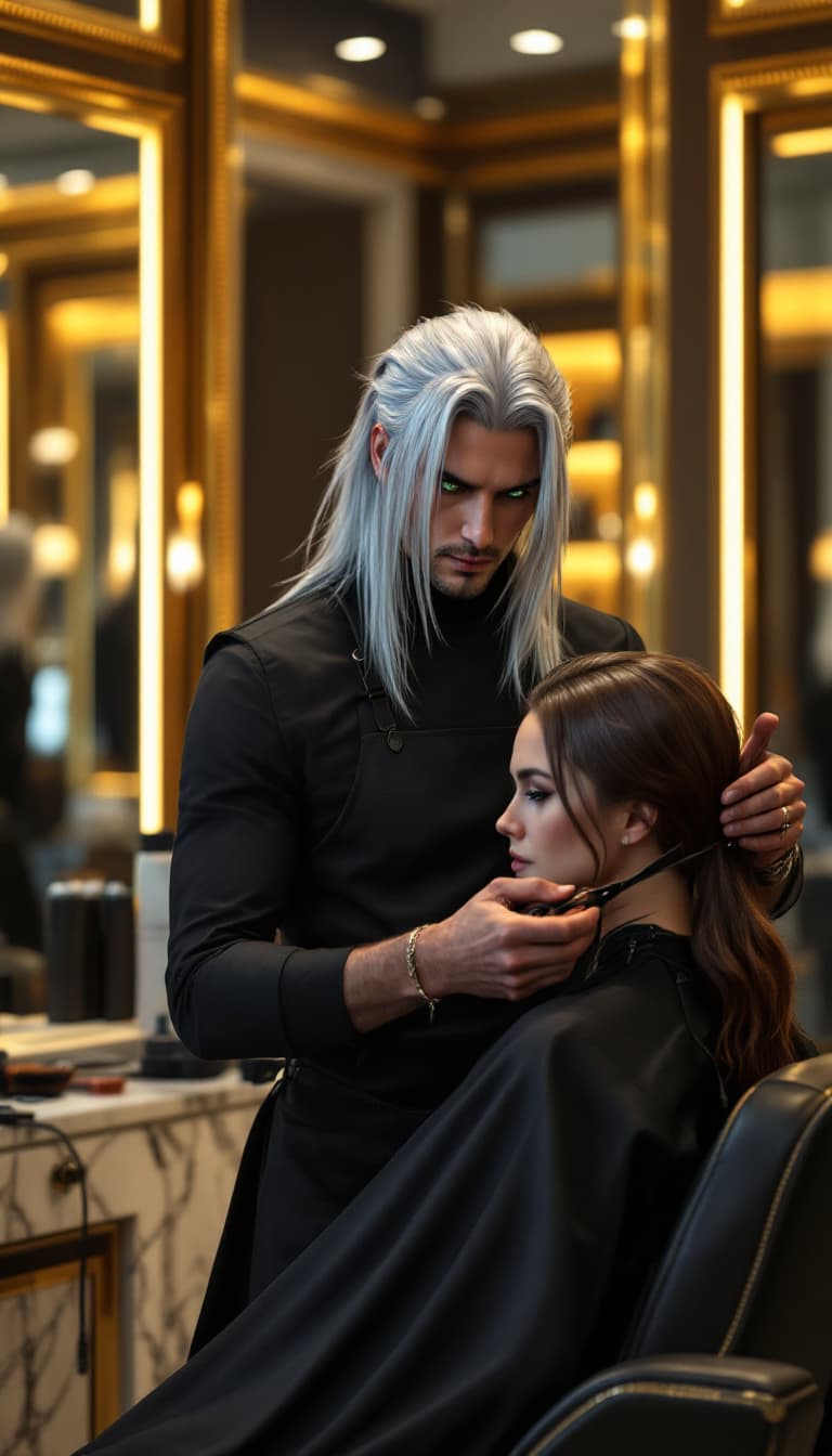 AI generated: A candid, photorealistic shot of a tall handsome European man inspired by Sephiroth from Final Fanta...