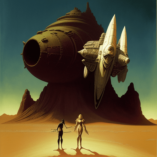 AI generated:  70s dark fantasy book illustration art in the style of Frazetta spaceship with two people standing ...