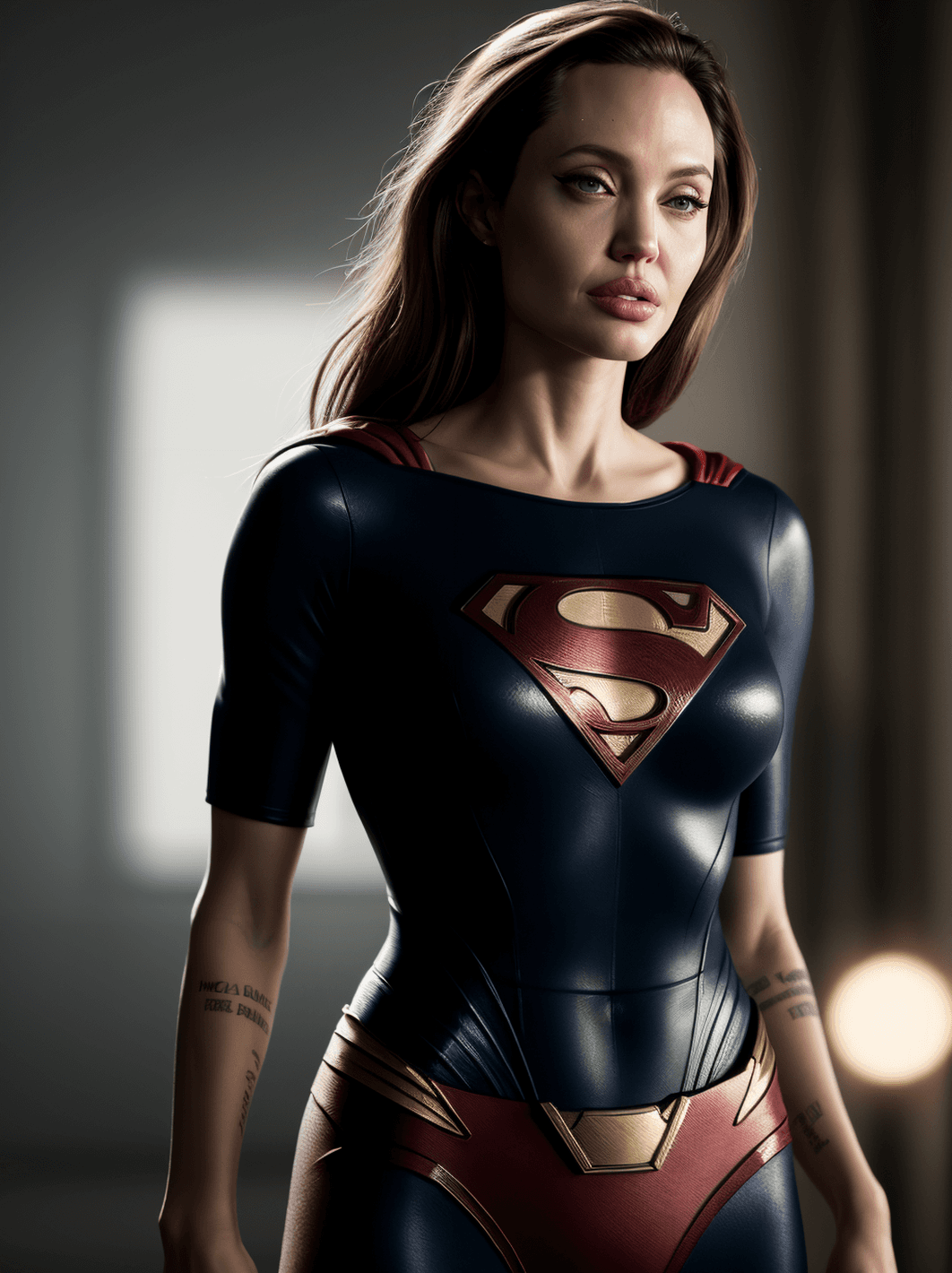 AI generated: Angelina Jolie in superman costume, ((Impressive)), ((Unforgettable)), ((Mind-blowing)), ((Vibrant))...