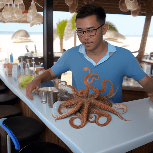 AI generated: octopus bartender serves fish customers at a beachside bar 
-variant 