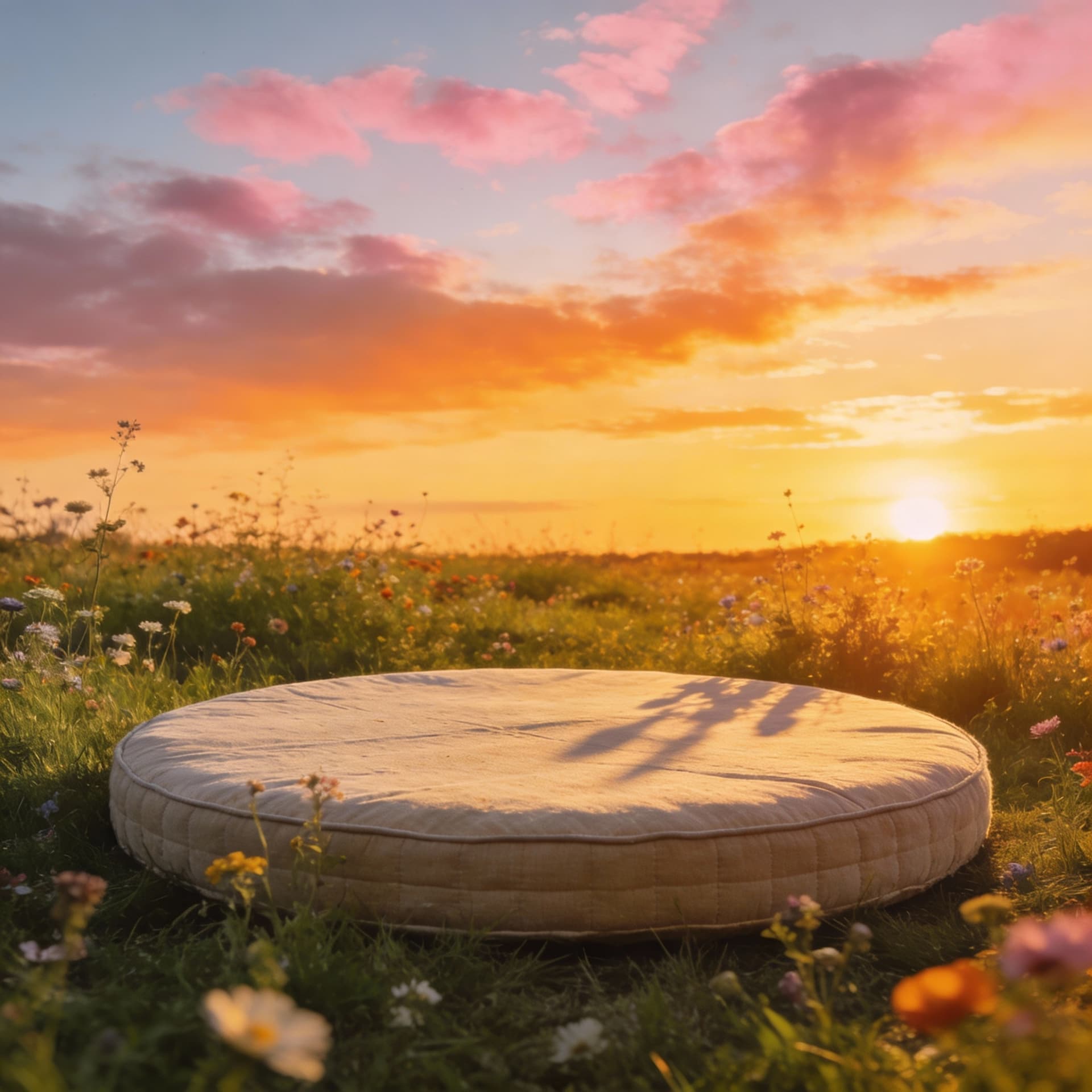AI generated: Take a photo of a circular mattress in nature with a beautiful sunset. Make it as realistic as possi...