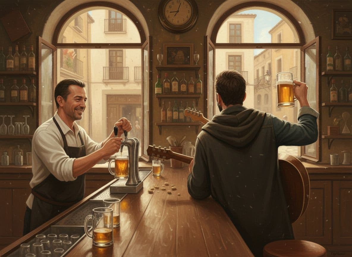 AI generated: Dame la foto de referencia pero con un giro de cámara de 180 grados. Se ve al camarero.