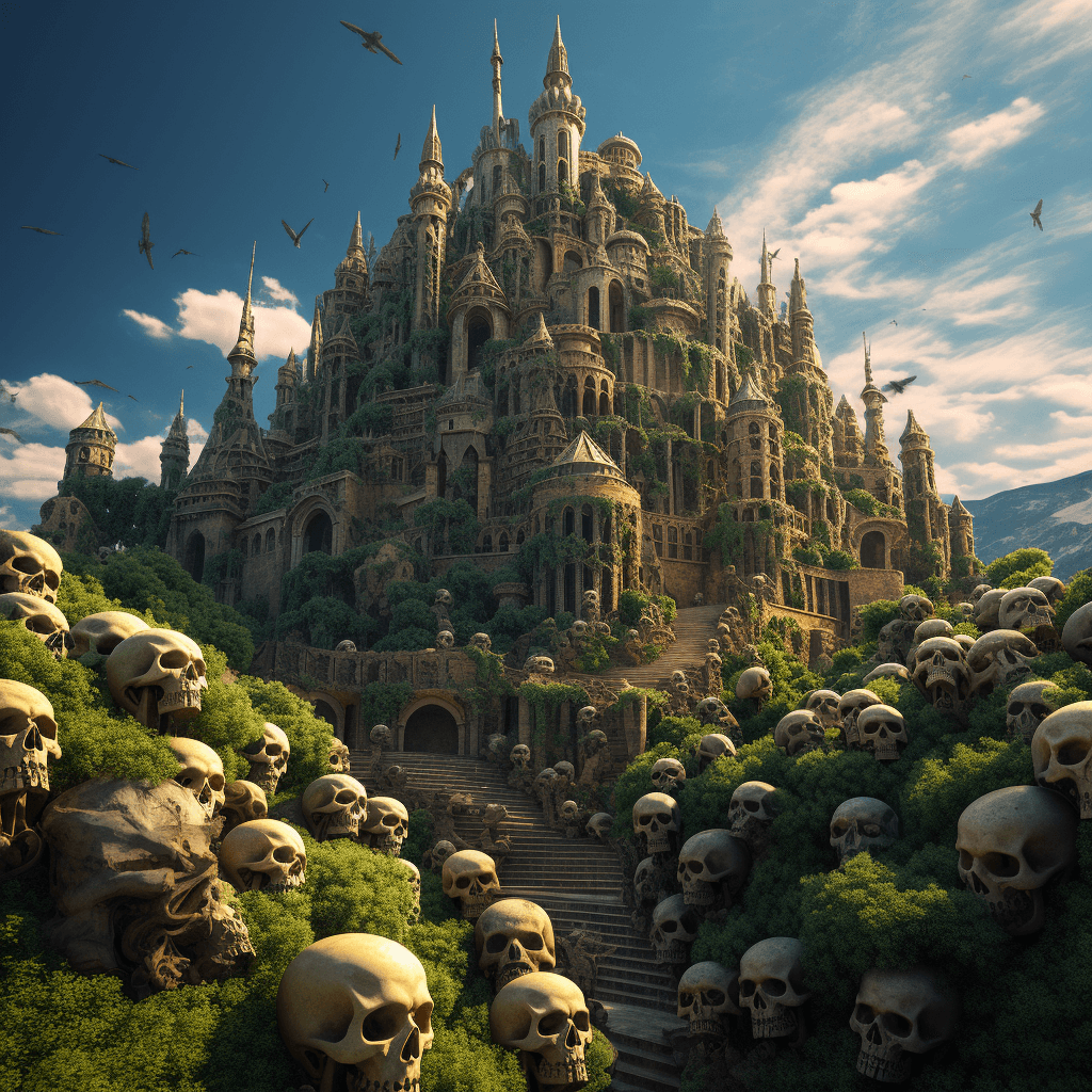 AI generated: the skulls surrounding a castle, in the style of fantasy-inspired art, ivan fedorovich choultse, spi...