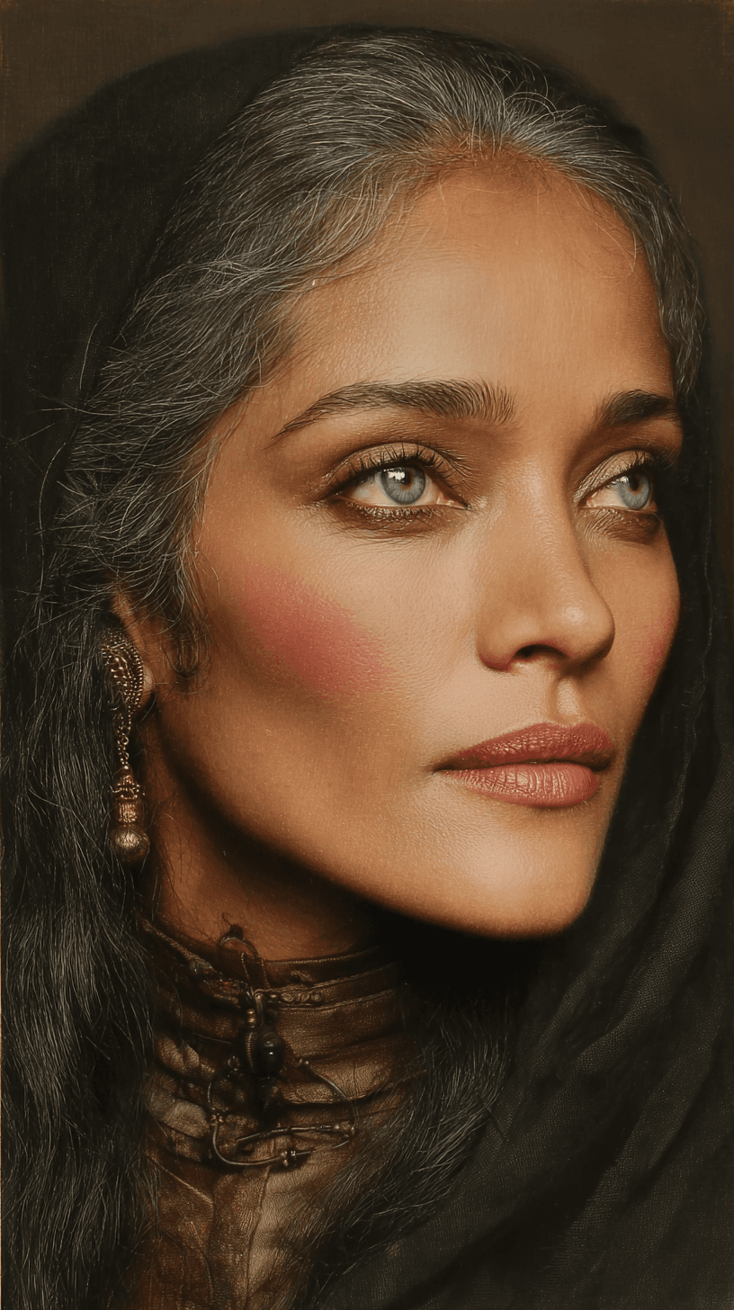 AI generated: close up potrait of a breathtakingly beautiful alluring Indian woman, with long black hair, dutch an...