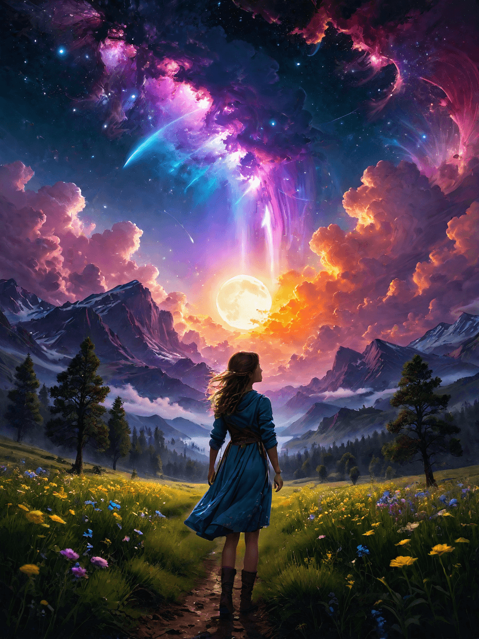 AI generated: Vast landscape photo, (viewed from below, the sky is above and the open field is below), a girl stan...