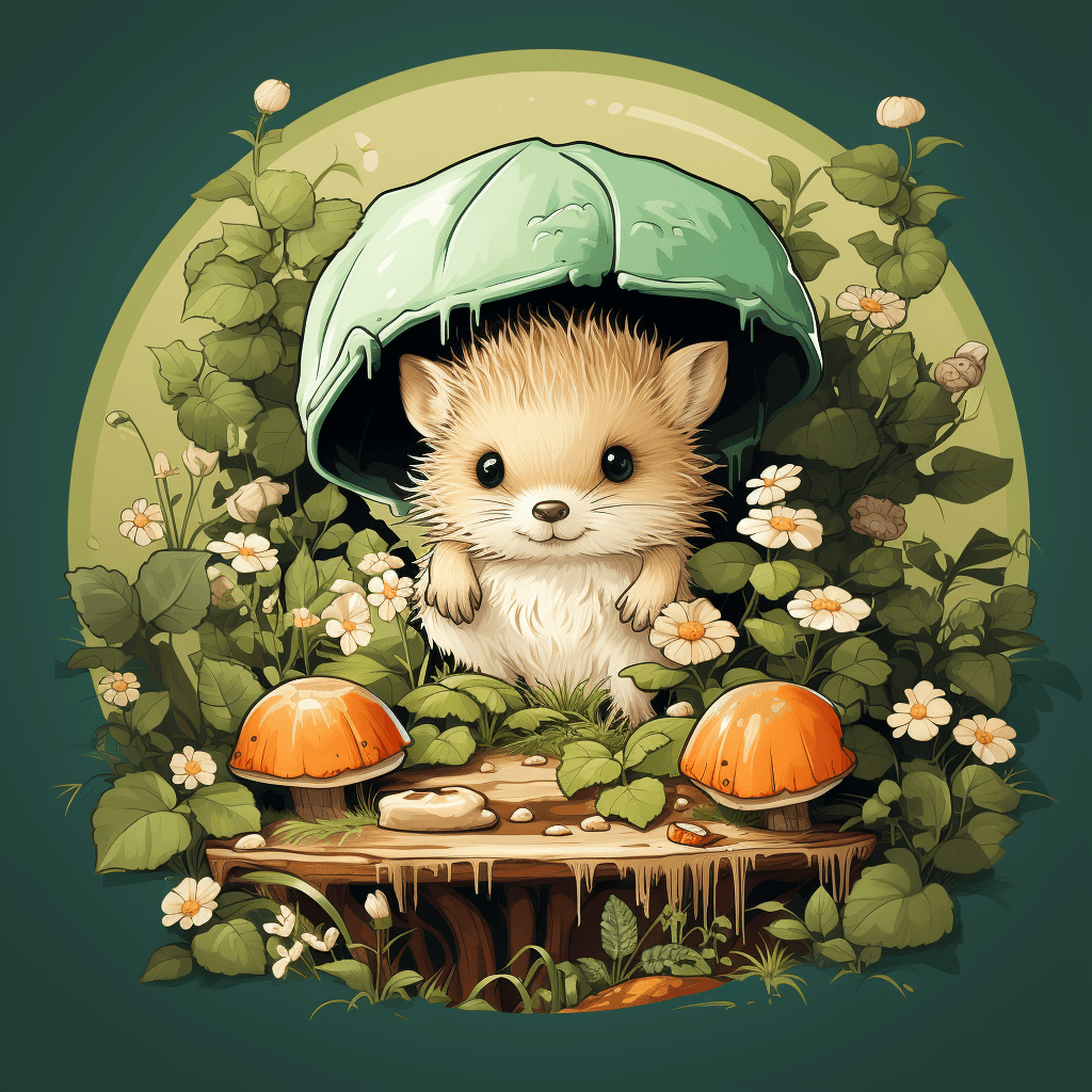 AI generated: T-shirt design logo, adorable tiny hedgehog Pikachu napping in the garden, Risograph, whimsical styl...