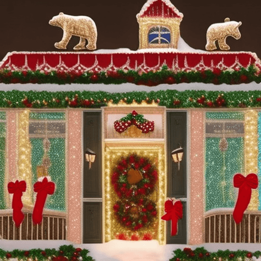 AI generated: 
Christmas decorated house, tradition russian style, with bear