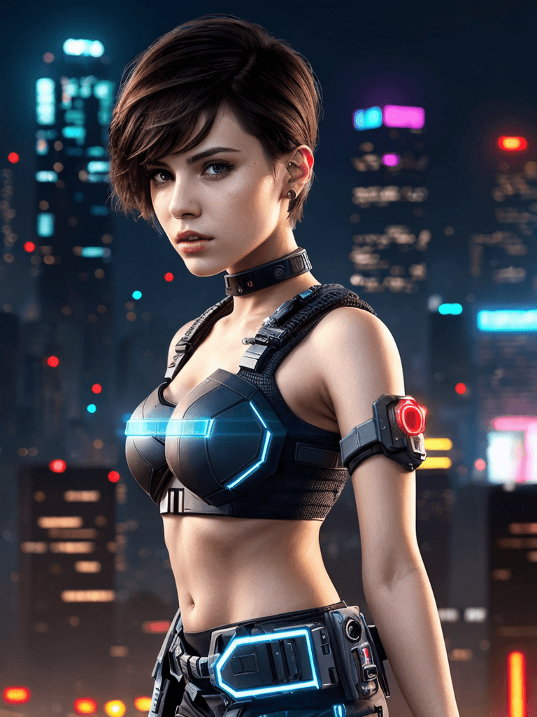 AI generated: (half body selfie a beautiful cyber 1girl brunette short hair), epic realistic cyberpunk city backgr...