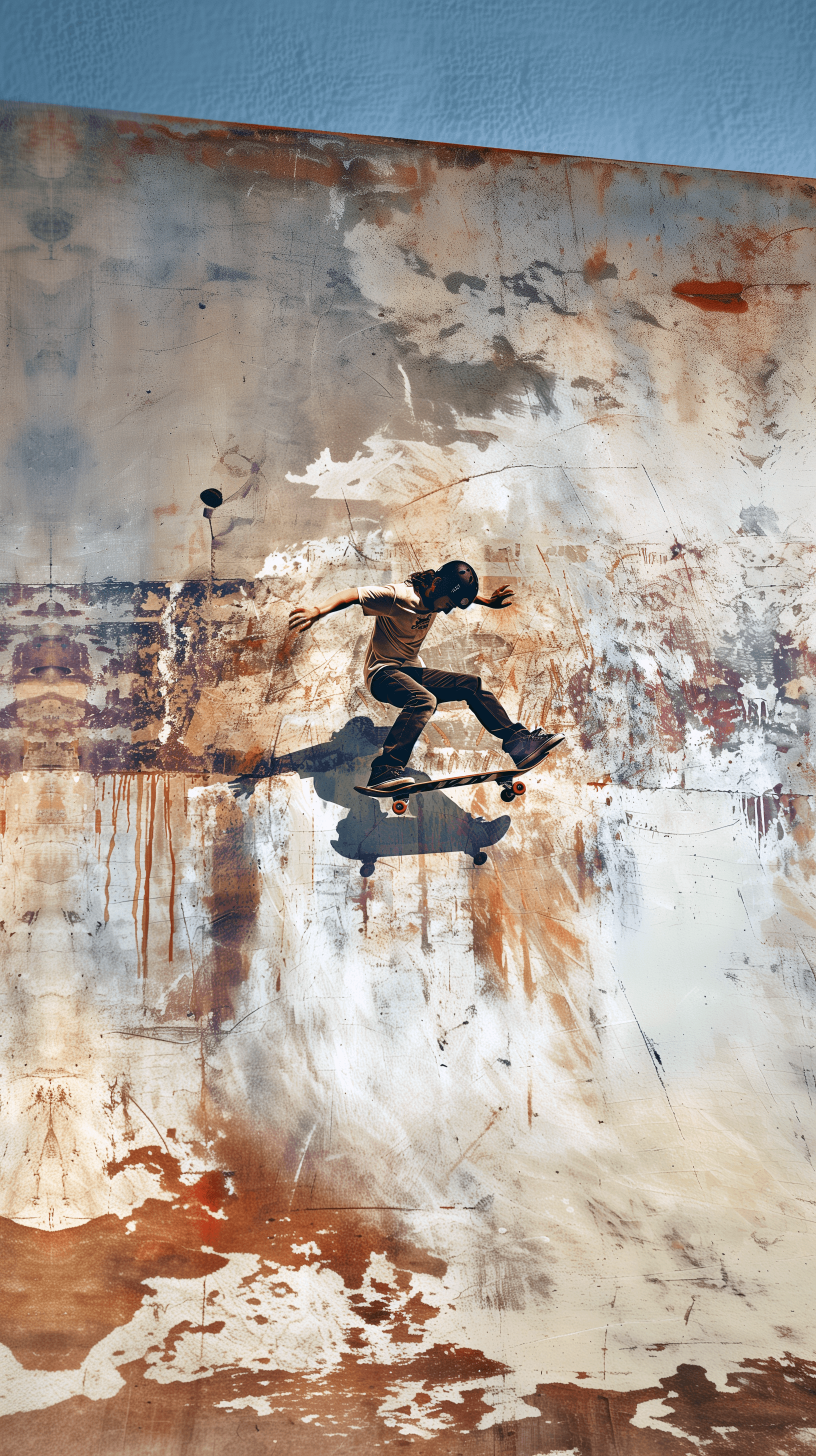 AI generated: skateboarder on wall, in the style of holotone printing, poolcore, candid celebrity shots, symmetric...