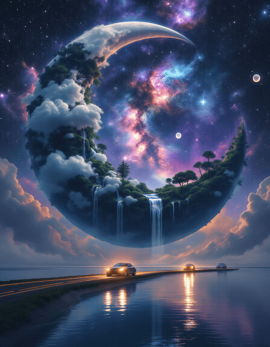 AI generated: A breathtaking and surreal digital painting of a colossal crescent moon suspended in a vibrant, nebu...