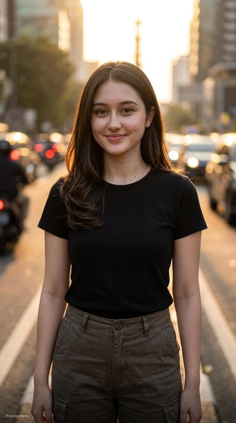 AI generated: photography, front view, dynamic range, female model, upper-body, black T-shirt, dark khaki cargo pa...