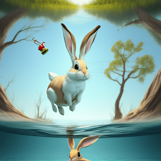 AI generated: a jack rabbit named Mario, stuck on a branch in water. Sami tried to jump across the water but ended...