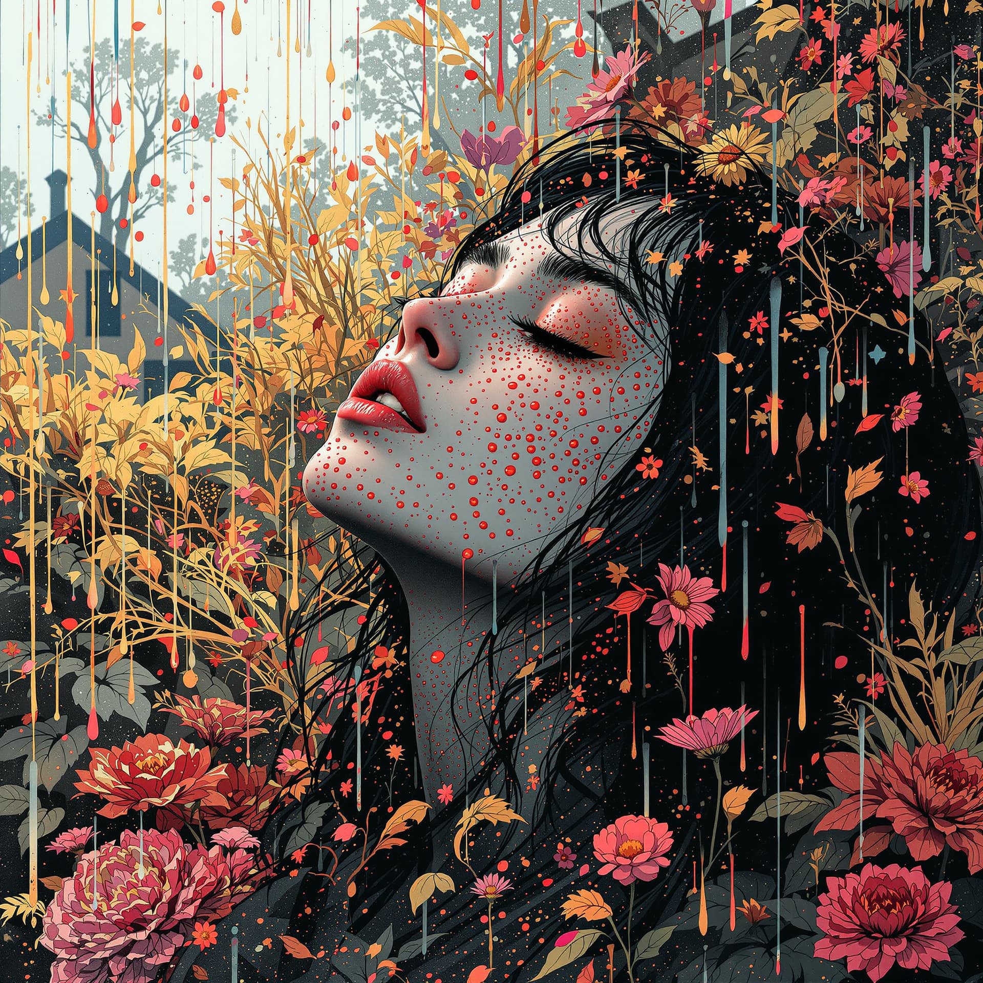 AI generated: Raindrops on the roof, Pitter-patter lullaby, Cleansing for the soul| dynamic pose |centered| key vi...