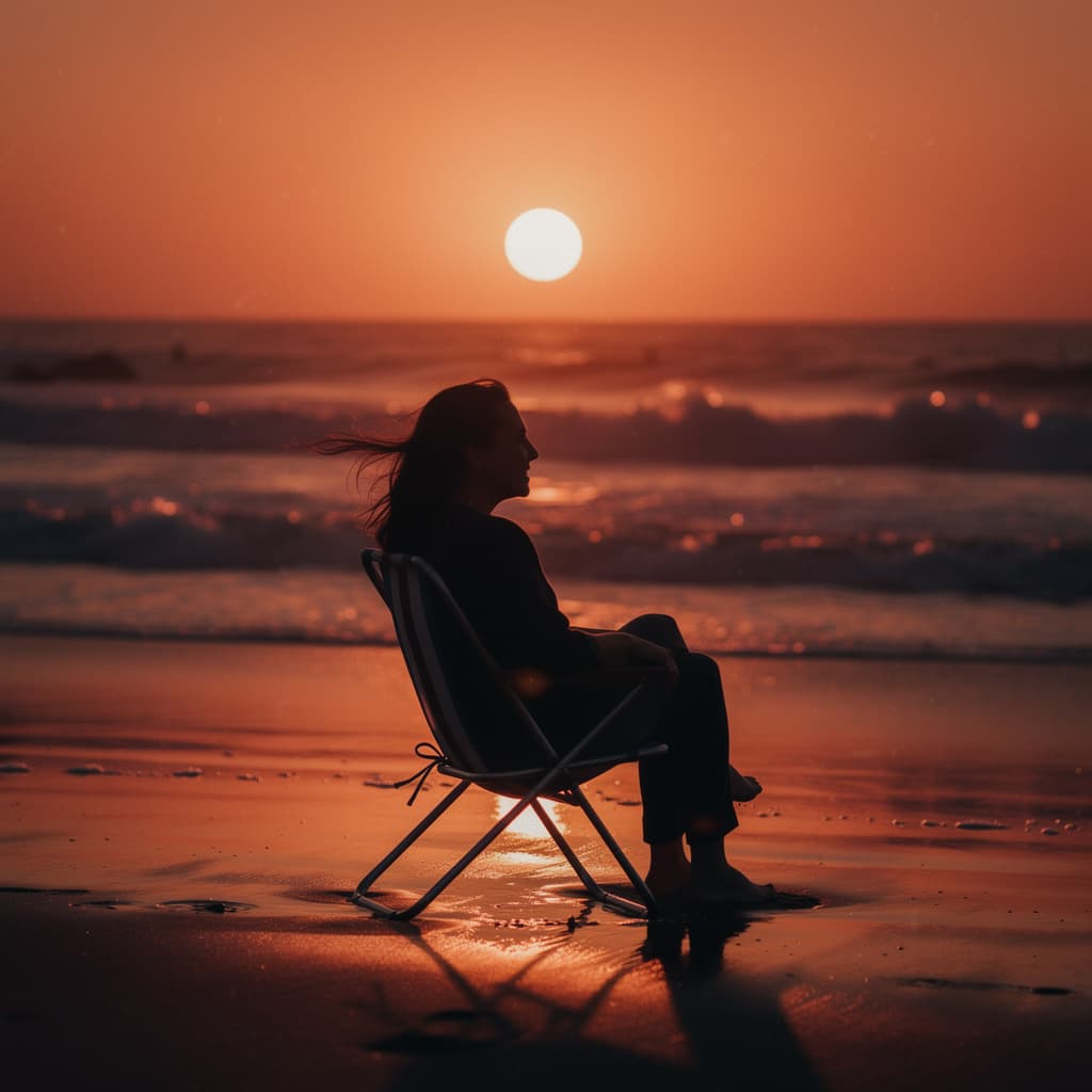 AI generated: cinematic seascape, warm color grading, long-lens compression, straight horizon, large sun near uppe...