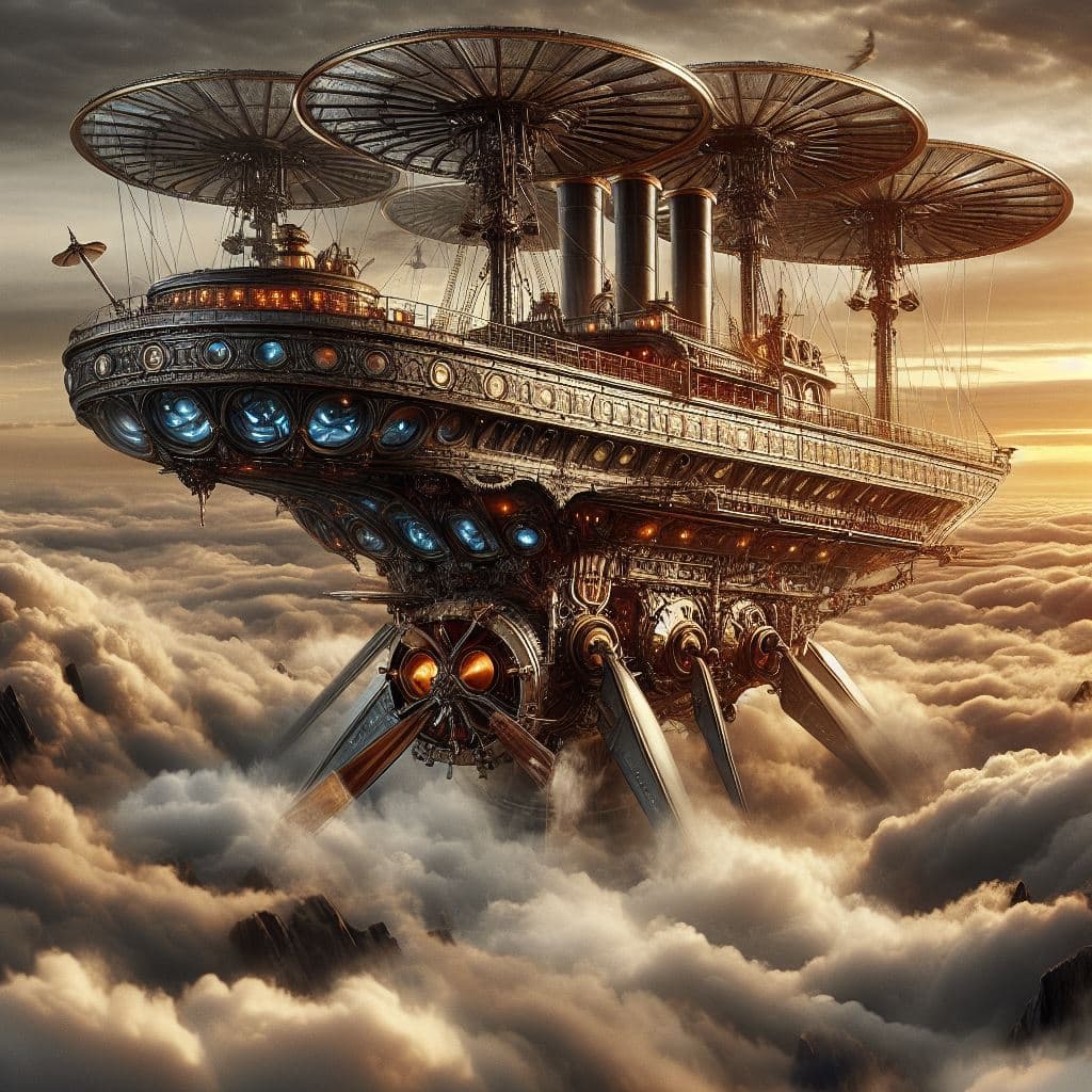 AI generated: A dieselpunk spacecruiser reminescent of Jules Verne's Robur the Conqueror, levitation rotors, amid ...