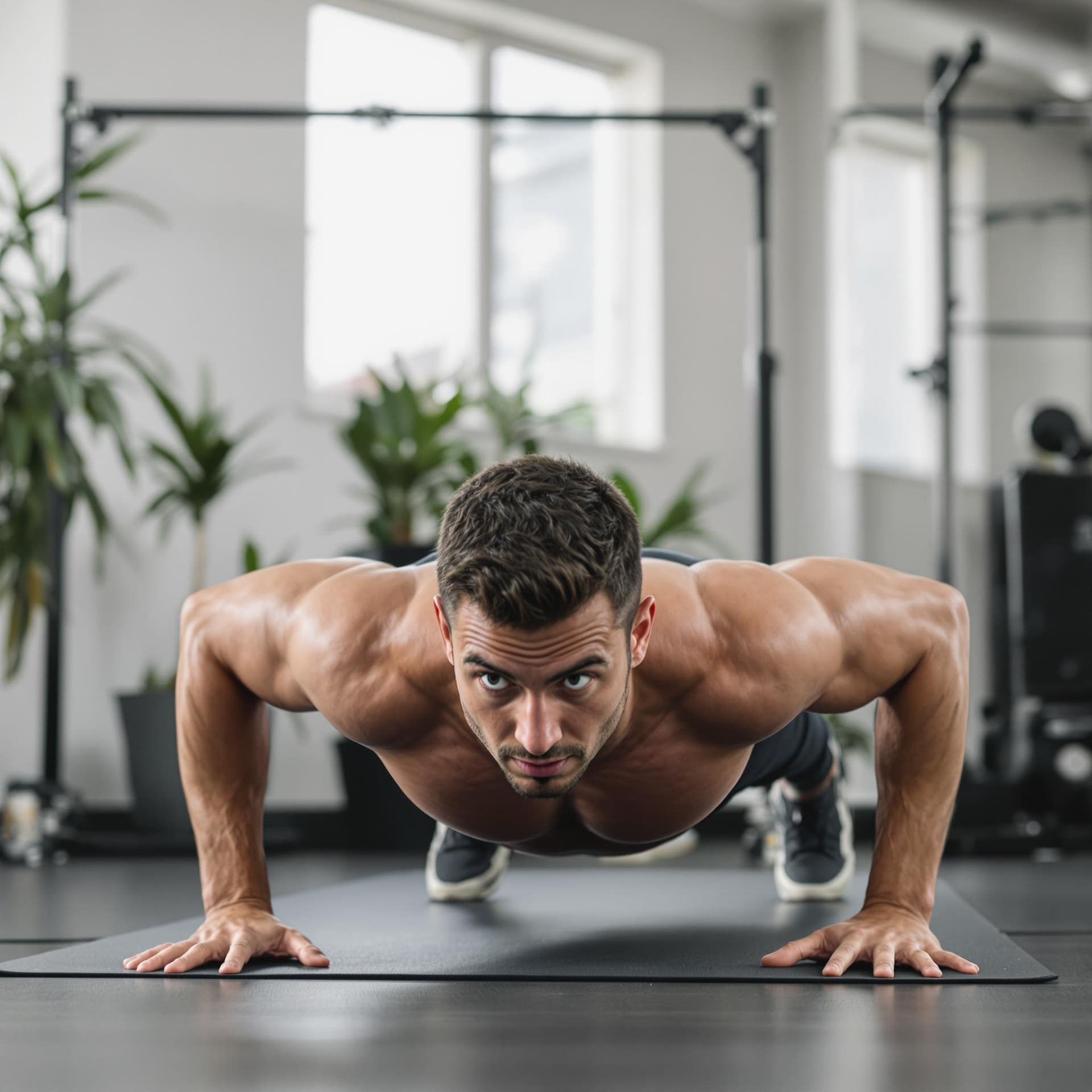 AI generated: man doing push up exercise while looking at camera