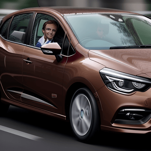AI generated: a photo taken from a sony A7S mark 3 of French President Manuel Macron driving his new brown clio 5 ...