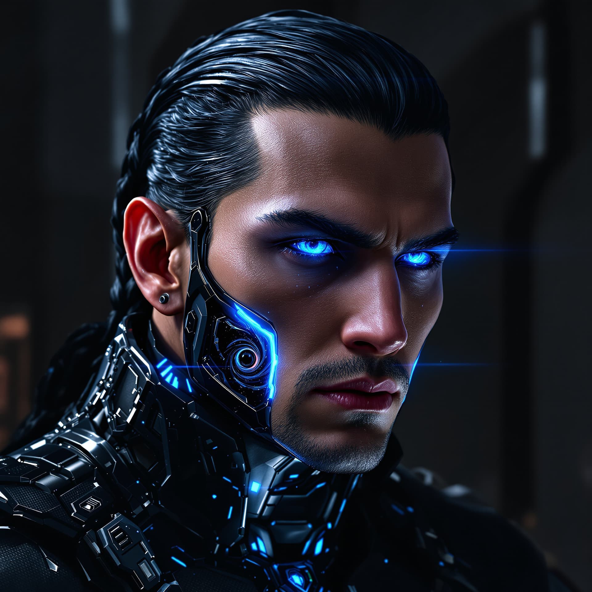 AI generated: masculine cyborg infiltrator, Zahir “Viper” Khan, strong jawline with visible chin, sleek dark hair ...