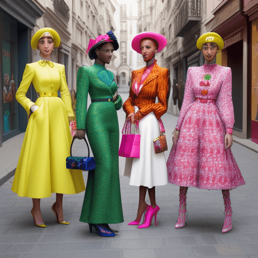 AI generated: 10 very stunning diverse models standing in different playful poses in a street in pairs wearing col...