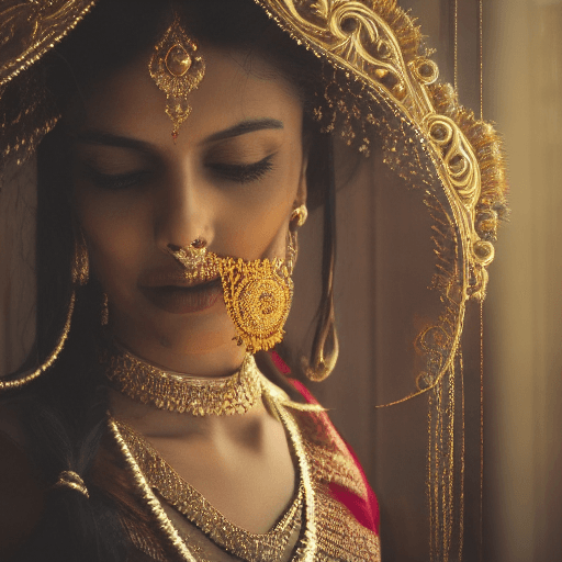 AI generated: portrait of a indian queen wearing a crown,made of gold, close up, half body, looking at the camera,...