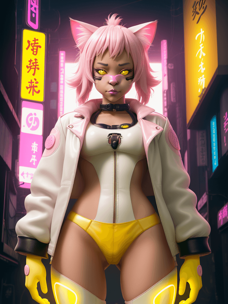 AI generated: An anthropomorphic sirahosi
 as cat girl, cat nose pink outline, in neo-Tokyo, cyberpunk yellow leat...