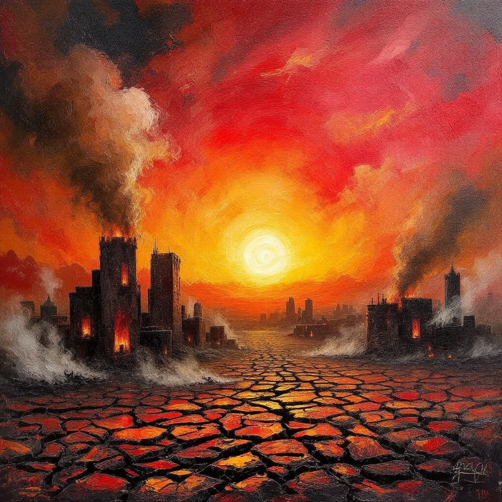 AI generated: An impasto oil painting of  The sun is burning brightly. The sky is ablaze with red. The City's buil...