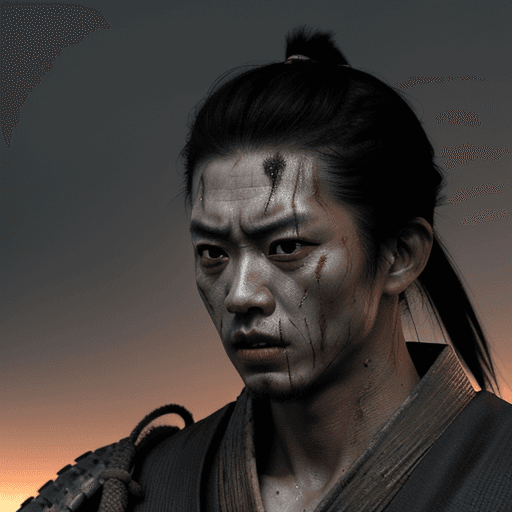 AI generated: Samurai looks at the enemy, stands after the battle, fear and horror on his face, tired and beaten, ...
