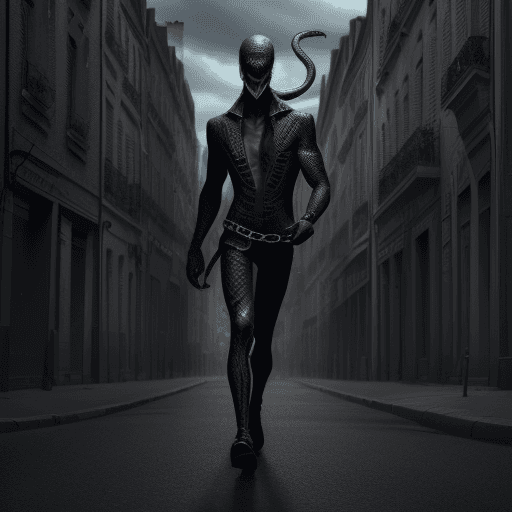 AI generated: Un homme tenant un serpent noir dans la ville.