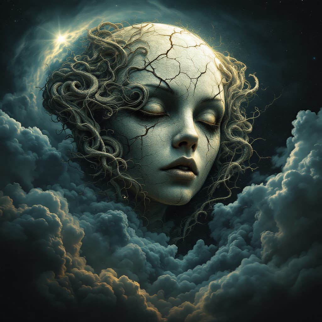 AI generated: Surreal celestial being, the moon transformed into a hauntingly beautiful face, cracked and weathere...