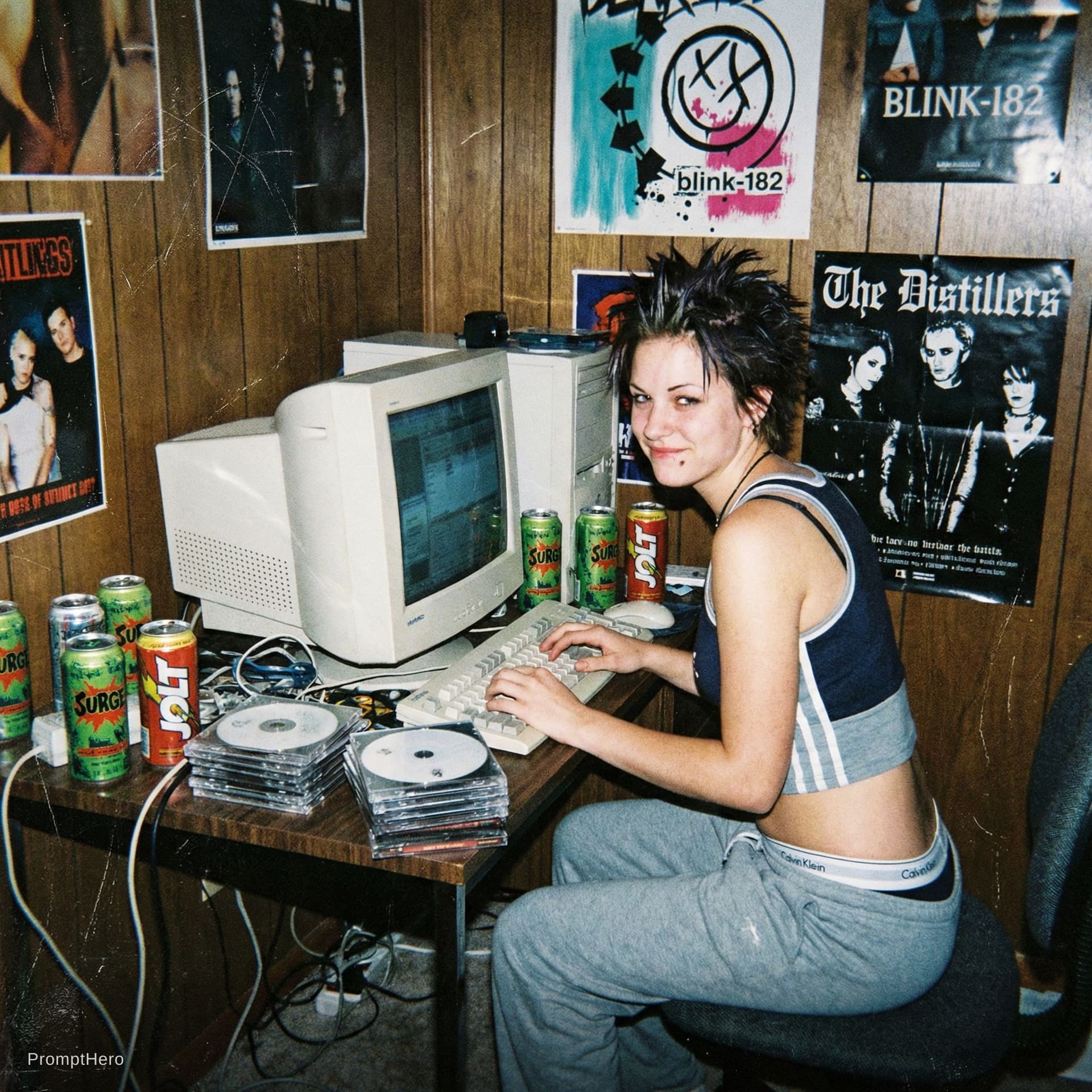AI generated: Chaotic early-2000s lo-fi disposable camera photo in a dim bedroom corner. The same rebellious figur...
