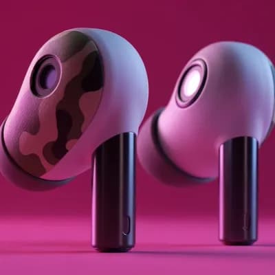 AI generated video: productive photography, concept design, Apple AirPods Pro 2, camouflage pattern, matte ear tips, str...