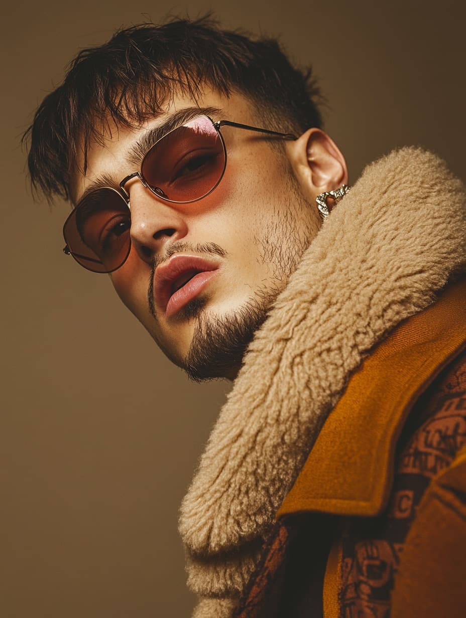 AI generated: Man in a photography studio with a fashion photography style, artificial light from left to right,