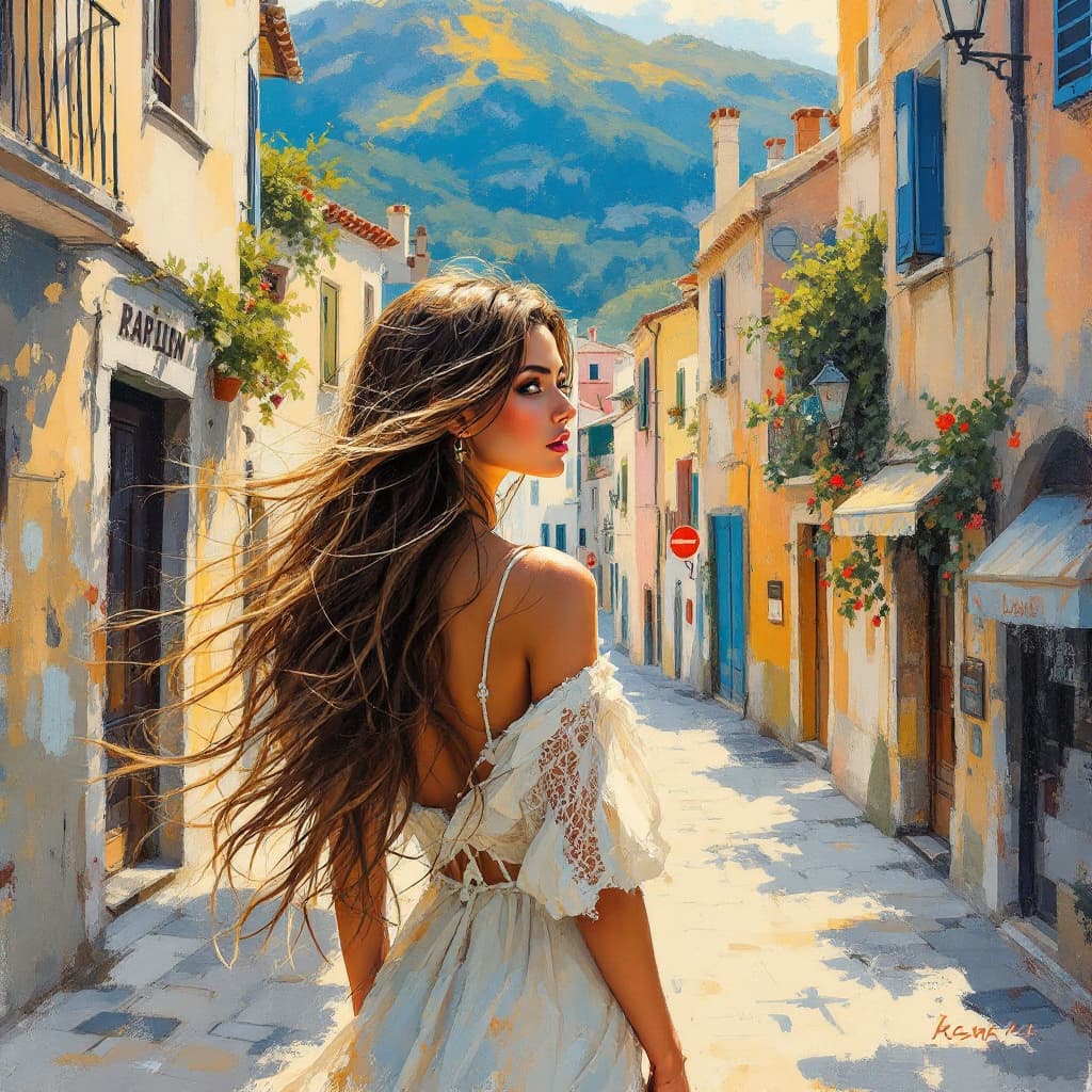 AI generated: hyperkraximalismus. beautiful italian model female in small old town, long hazel hair, natural beaut...