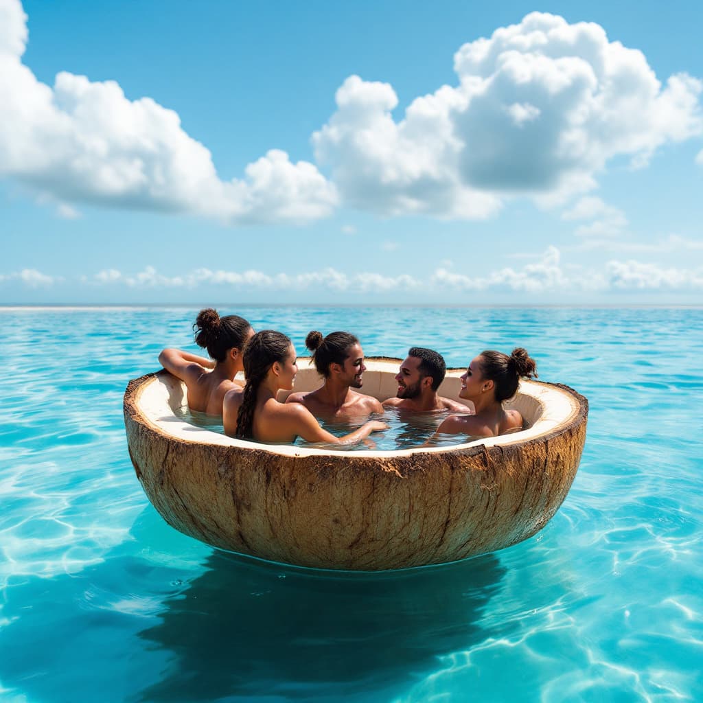 AI generated:  people in swiming pool  in a tender coconut shell . 