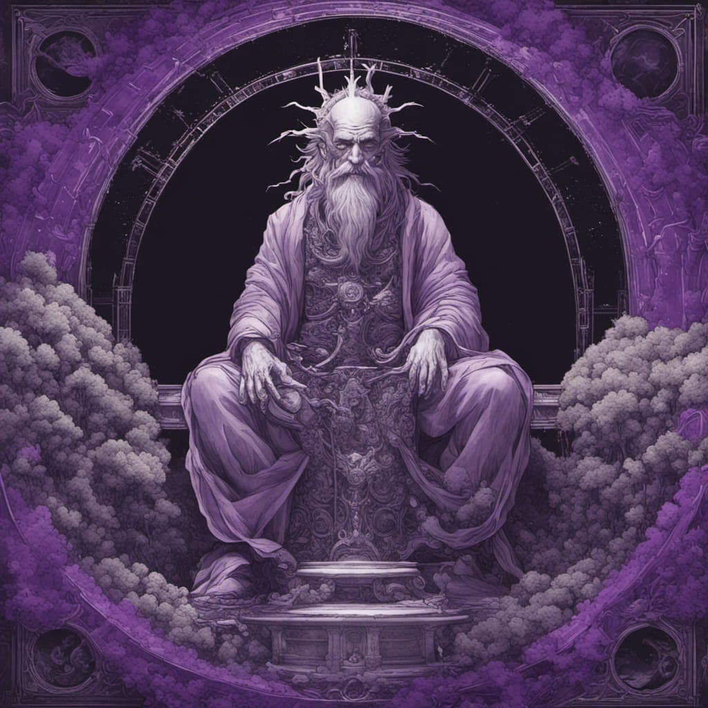 AI generated: Chronos The God of Time, by Hokusai and James Gurney + Black paper with intricate and vibrant purple...