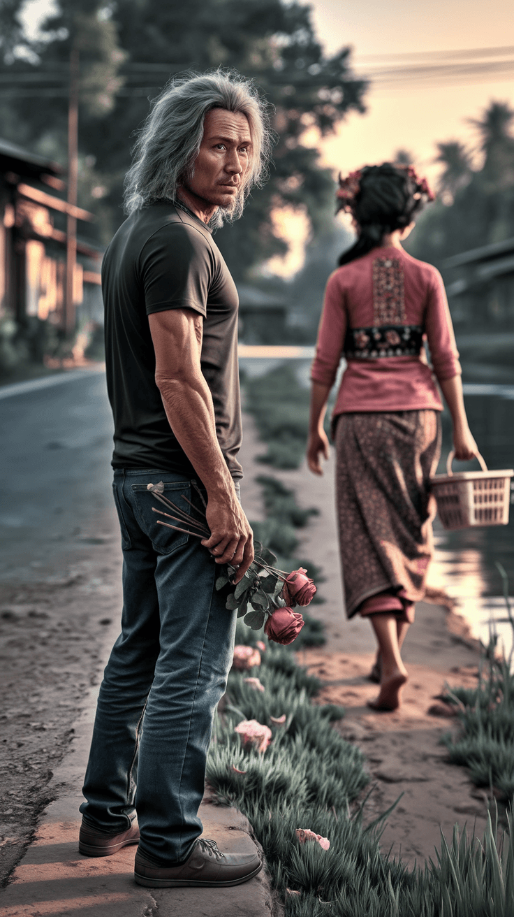 AI generated: full body view of a 50-year-old Indonesian man with long, messy wavy hair wearing black t-shirt and ...