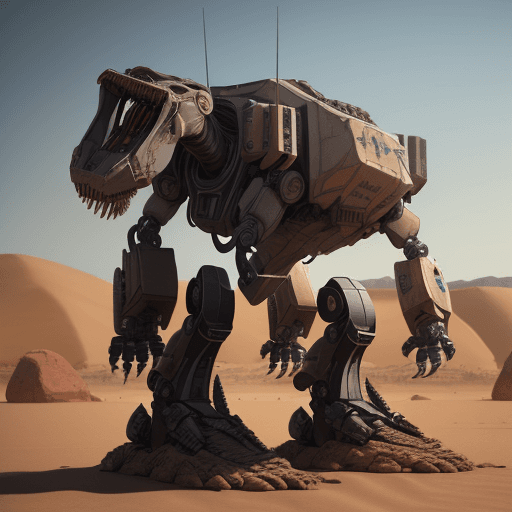 AI generated: A mech robot with the bio of a t-rex ,on two leg,electronics ,in desert with rocks and stones,machin...