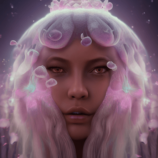 AI generated: Goddess close-up portrait ribcagel. jellyfish phoenix head, nautilus, orchid, skull, betta fish, bio...
