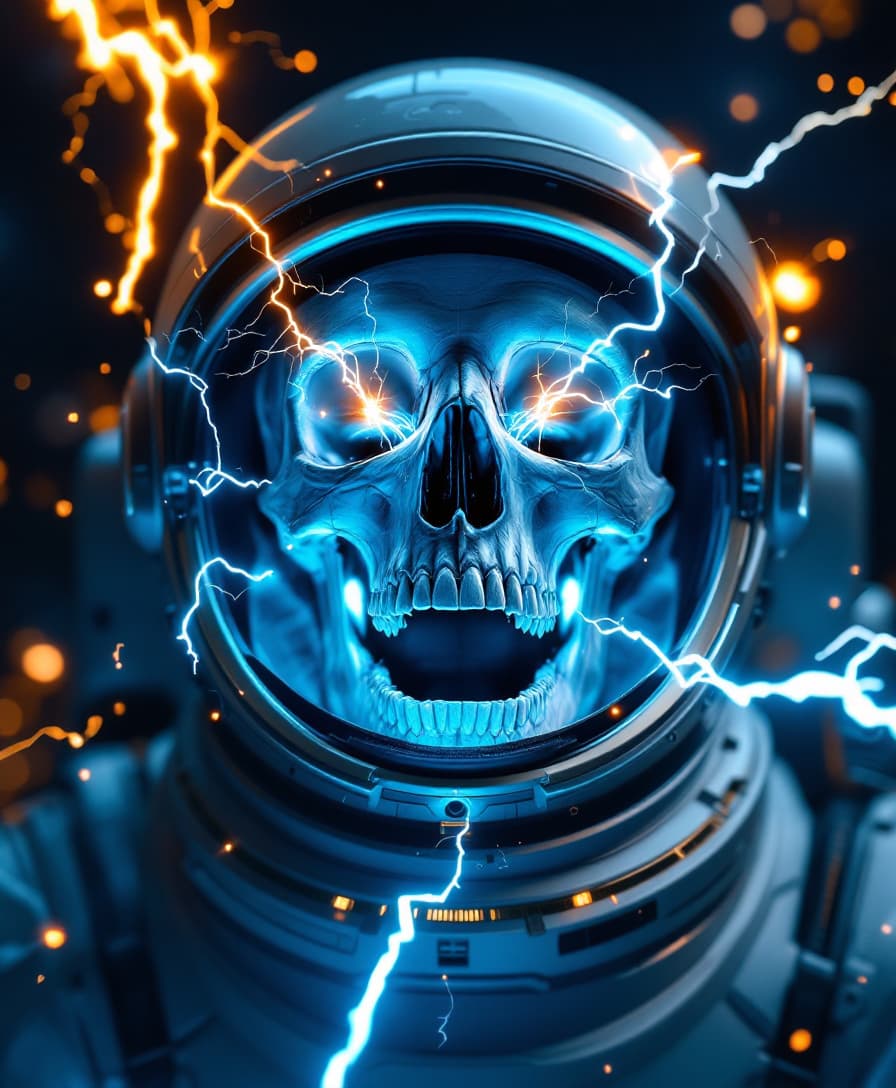 AI generated: astronaut open helmet, human skull, perfect teeth, lightning coming out of the open mouth, futuristi...