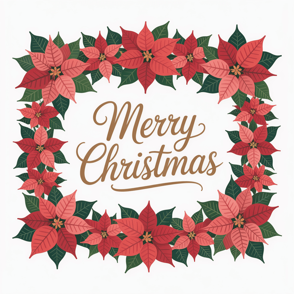 AI generated: Rectangular frame made of poinsettia flowers and green leaves, with “Merry Christmas” centered insid...