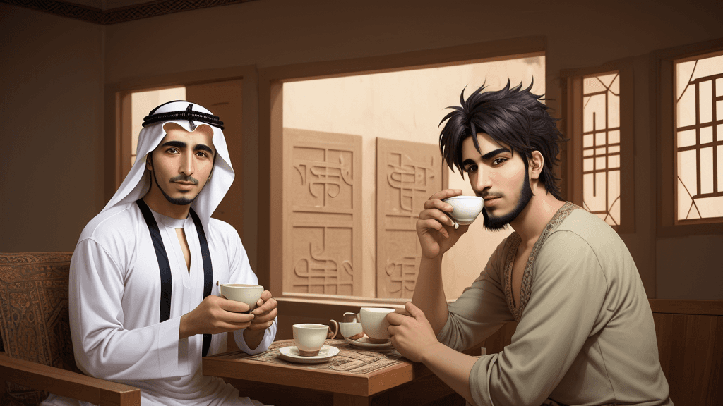 AI generated: arabic man, sitting in his old house, face, 23years old, drinking arabic coffe, anime style, hair