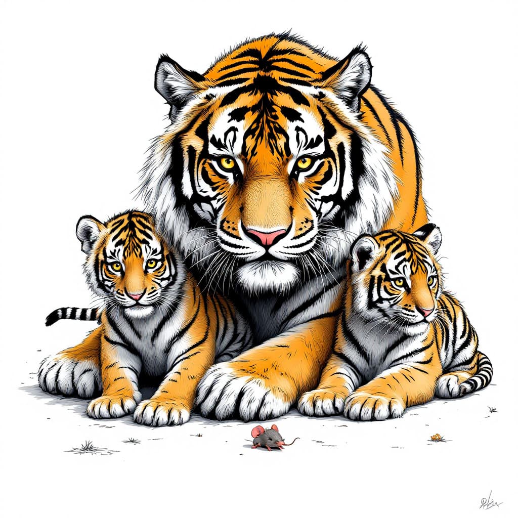 AI generated: A tiger and two tiger cubs, and a mouse,ferocious, detailed,full-body shots，ink style