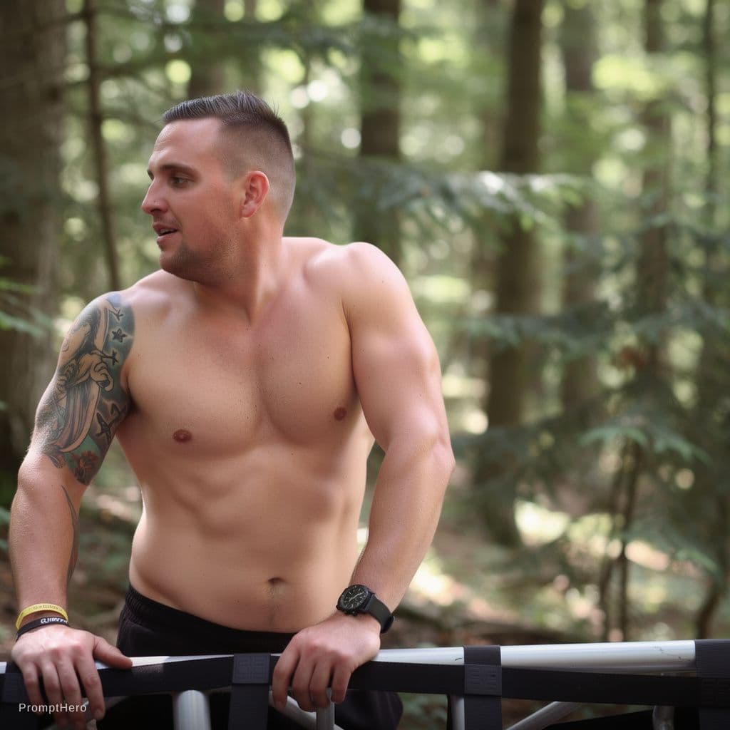 AI generated: Make a very realistic photo of the man shirtless but add half sleeve of tattoos and make him athleti...