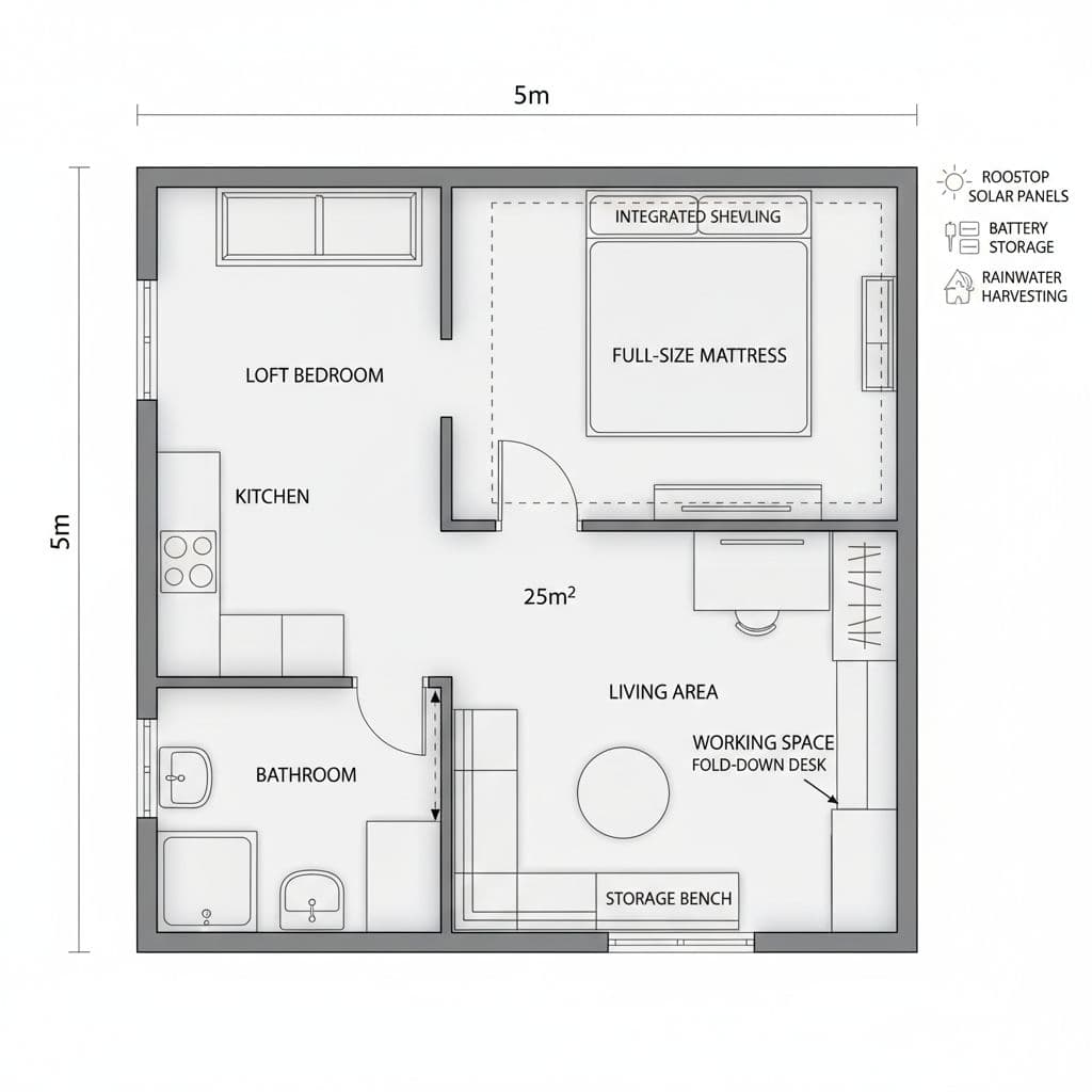 AI generated: The plan of a small energy autonomous house 25m². Place kitchen and bathroom on the left. The other ...