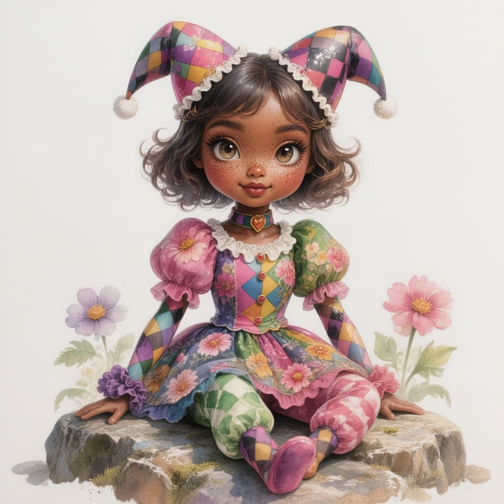 AI generated: A whimsical, dark-brown-skin female doll harlequin with freckles, dressed in vibrantly colored flora...