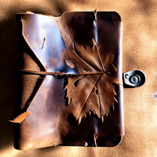 AI generated: An abandoned leather wallet,  open, containing a dusty dry leaf. Style: goth